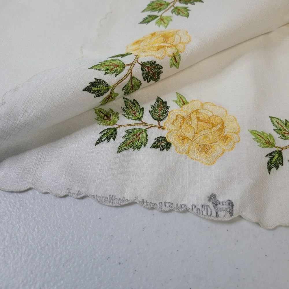 Embroidered Yellow Rose Linen Napkins Set 6 Scalloped Edge Vintage Decor‎ 34 in